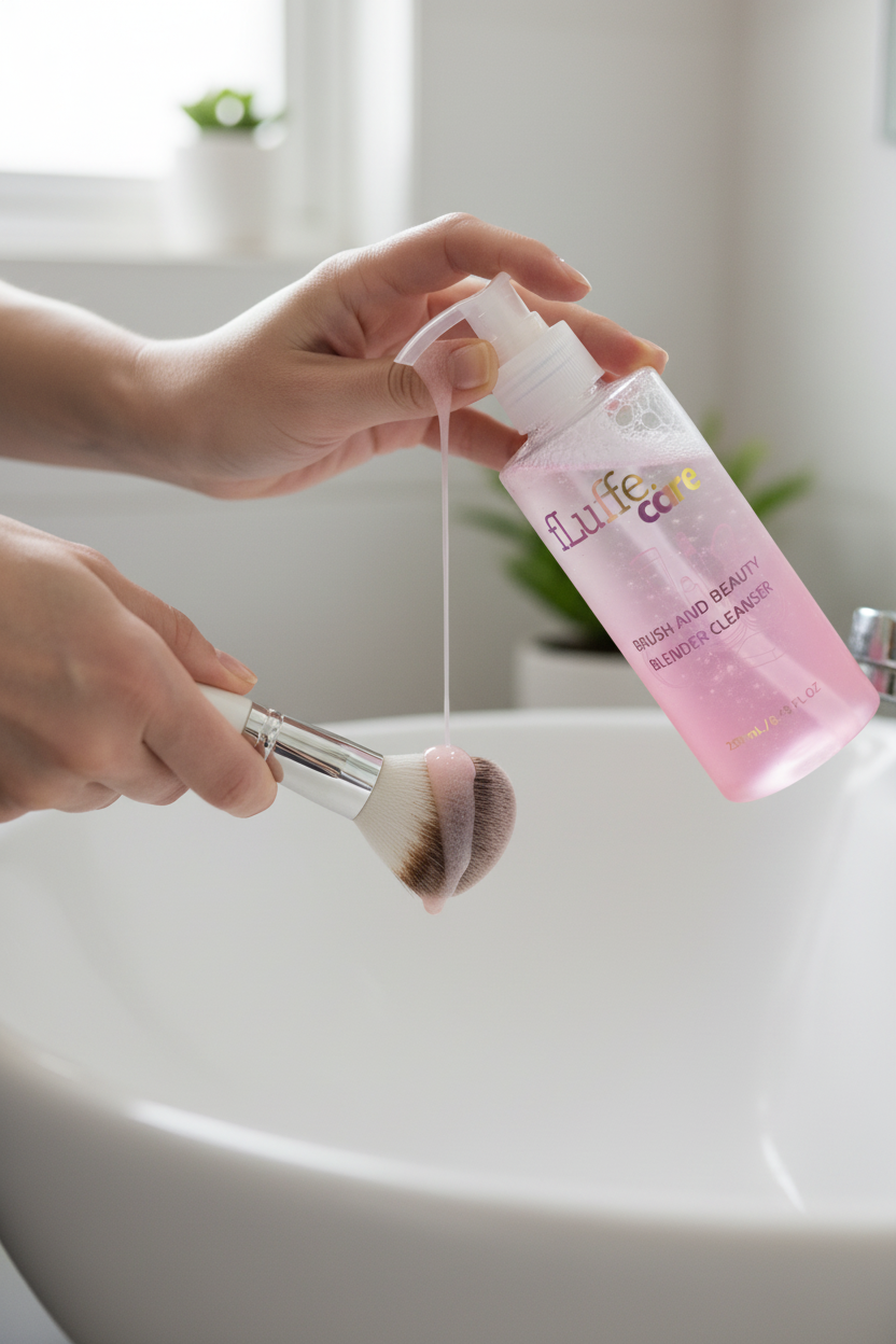 Hands using fLuffe Care cleanser on a makeup brush