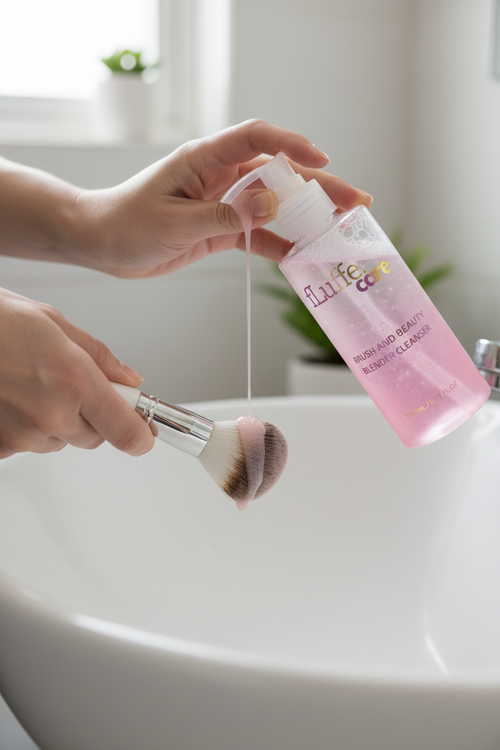 Hands using fLuffe Care cleanser on a makeup brush